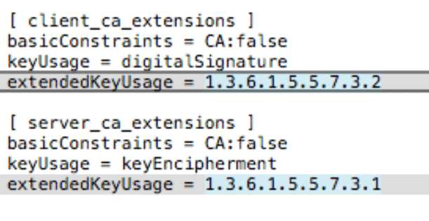Screenshot showing the extendedKeyUsage for a non-working certificate as 1.3.6.1.6.6.7.3.2