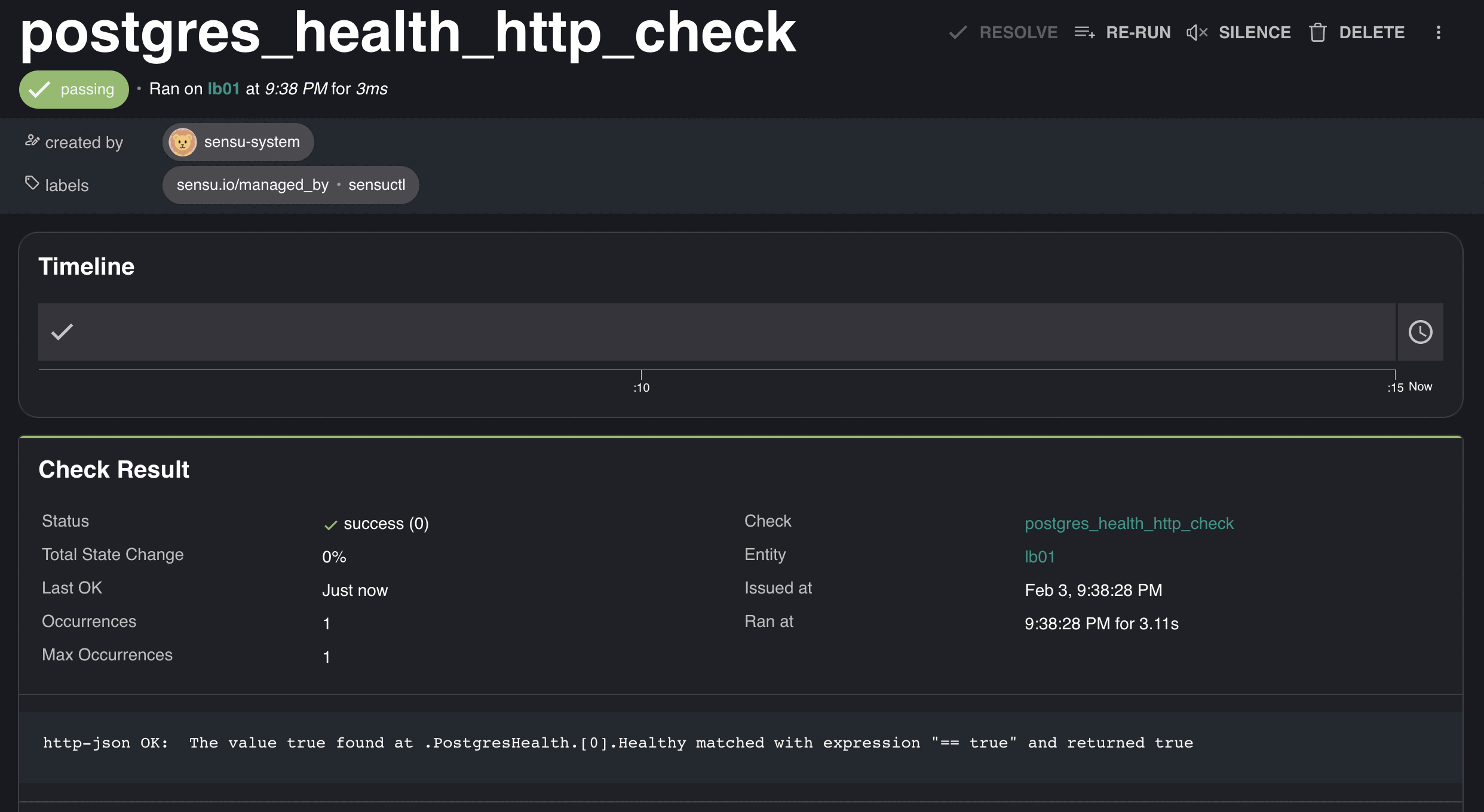 Screenshot of Sensu Web UI shows a passing PostgreSQL health check