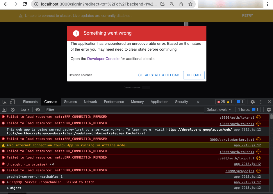 Developer console open in a Chrome browswer window displaying the web UI error message with options for clearing state and reloading.